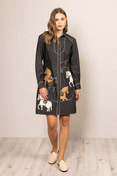 Amber Shirt Dress by Ranna Gill in black denim with horse applique embroidery.
