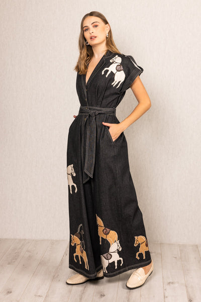 Ranna Gill Phoenix Collared Jumpsuit black denim with horse embroidery, wide-leg silhouette, V-neckline and belted waist
