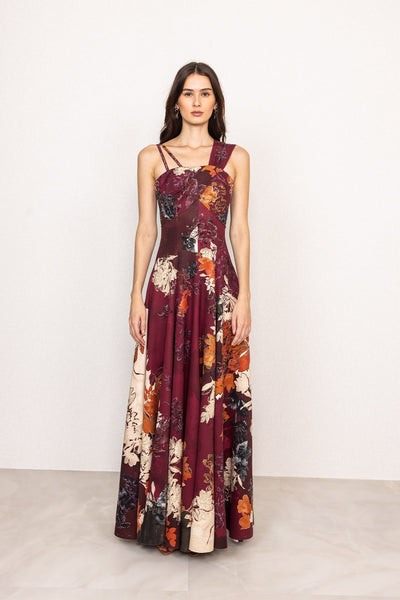 Ranna Gill Eloria Maroon One Shoulder Crepe Evening Gown.