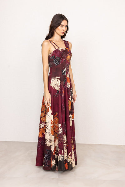 Ranna Gill Eloria Maroon One Shoulder Crepe Evening Gown.