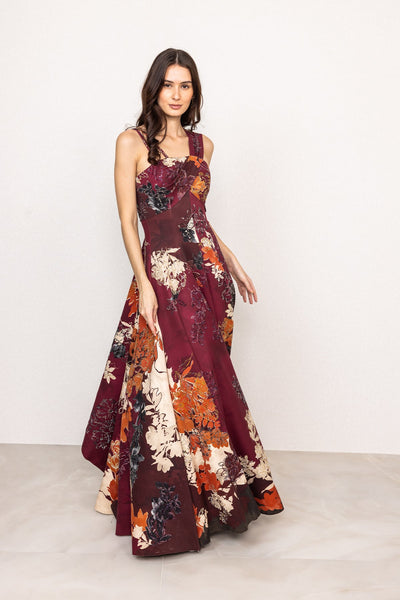 Ranna Gill Eloria Maroon One Shoulder Crepe Evening Gown.