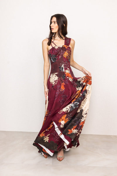Ranna Gill Eloria Maroon One Shoulder Crepe Evening Gown.