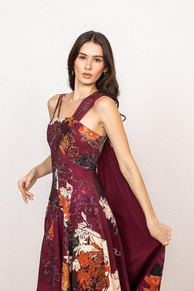 Ranna Gill Eloria Maroon One Shoulder Crepe Evening Gown.