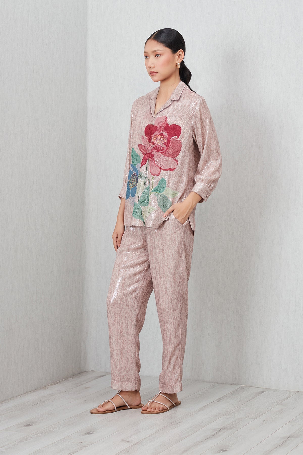 Ranna Gill Aveline dusty rose sequin co-ord set.