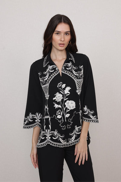 Ranna Gill Casa Black China Crepe Blouse with white floral embroidery and flared bishop sleeves.