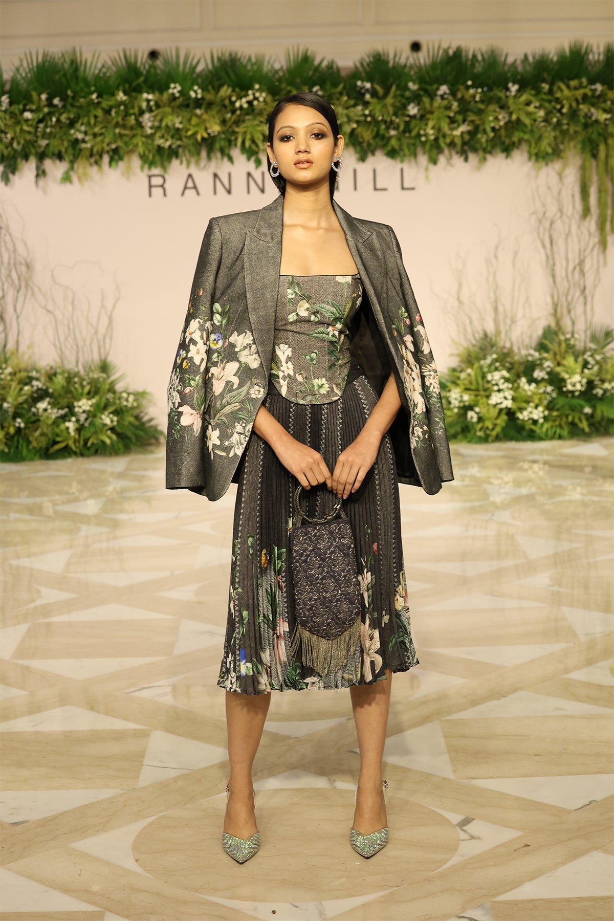 Ranna Gill Serah Jacket in grey corduroy with floral print and structured fit.