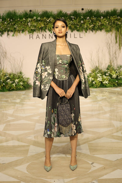 Ranna Gill Serah Jacket in grey corduroy with floral print and structured fit.