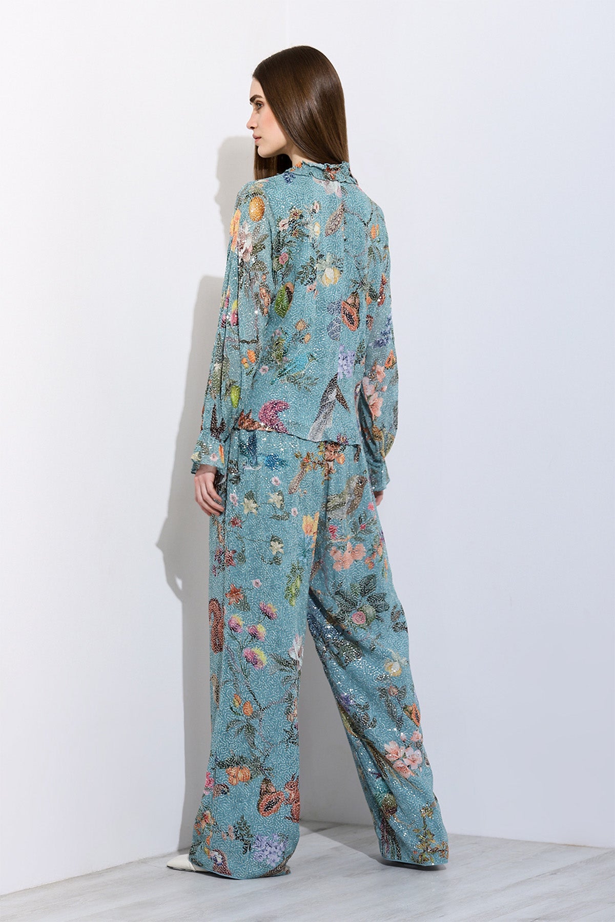 Ranna Gill Fiorella Dolman Co-ord Set in green Georgette.