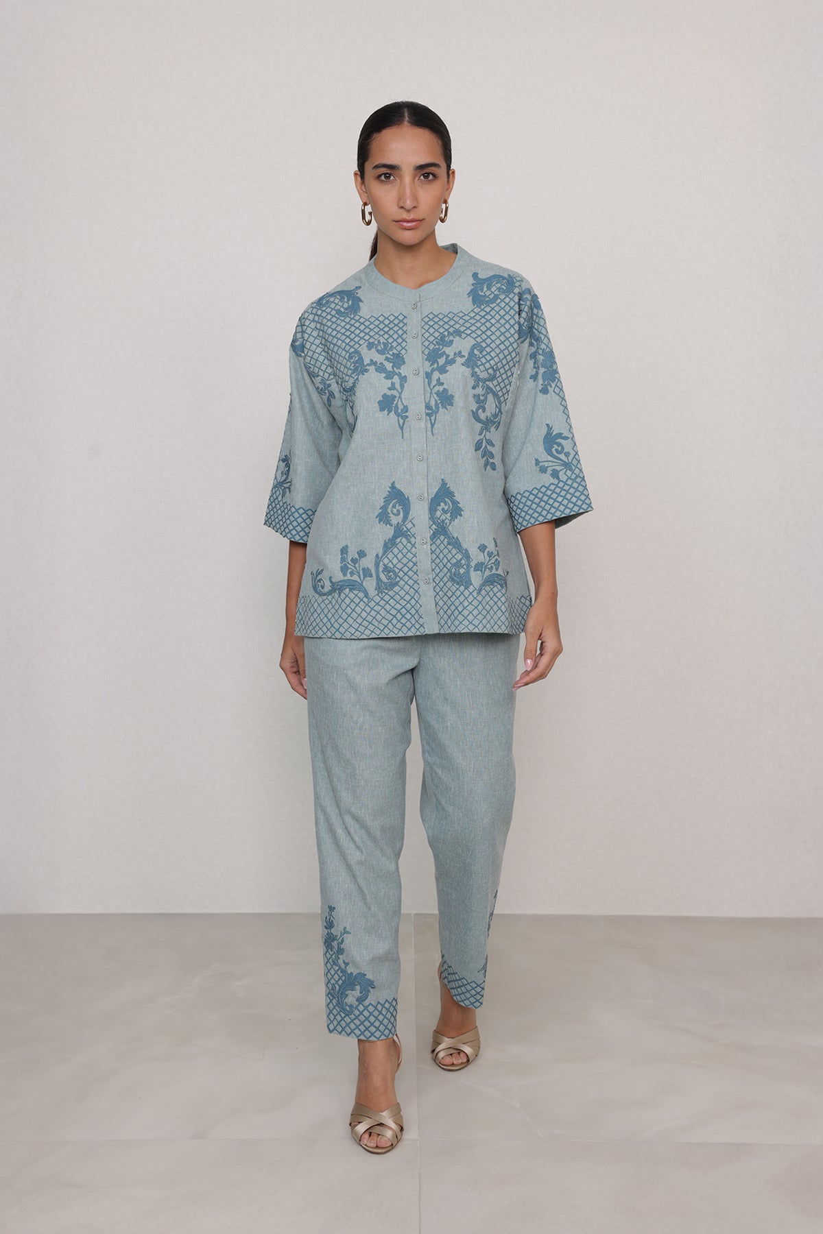 Ranna Gill Sovana Co-Ord Set in Blue Poly Flex with floral print.