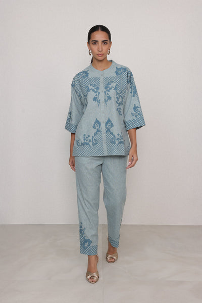 Ranna Gill Sovana Co-Ord Set in Blue Poly Flex with floral print.