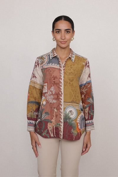 Ranna Gill Safari Mosaic Shirt in multi-color viscose linen with safari-inspired motifs.