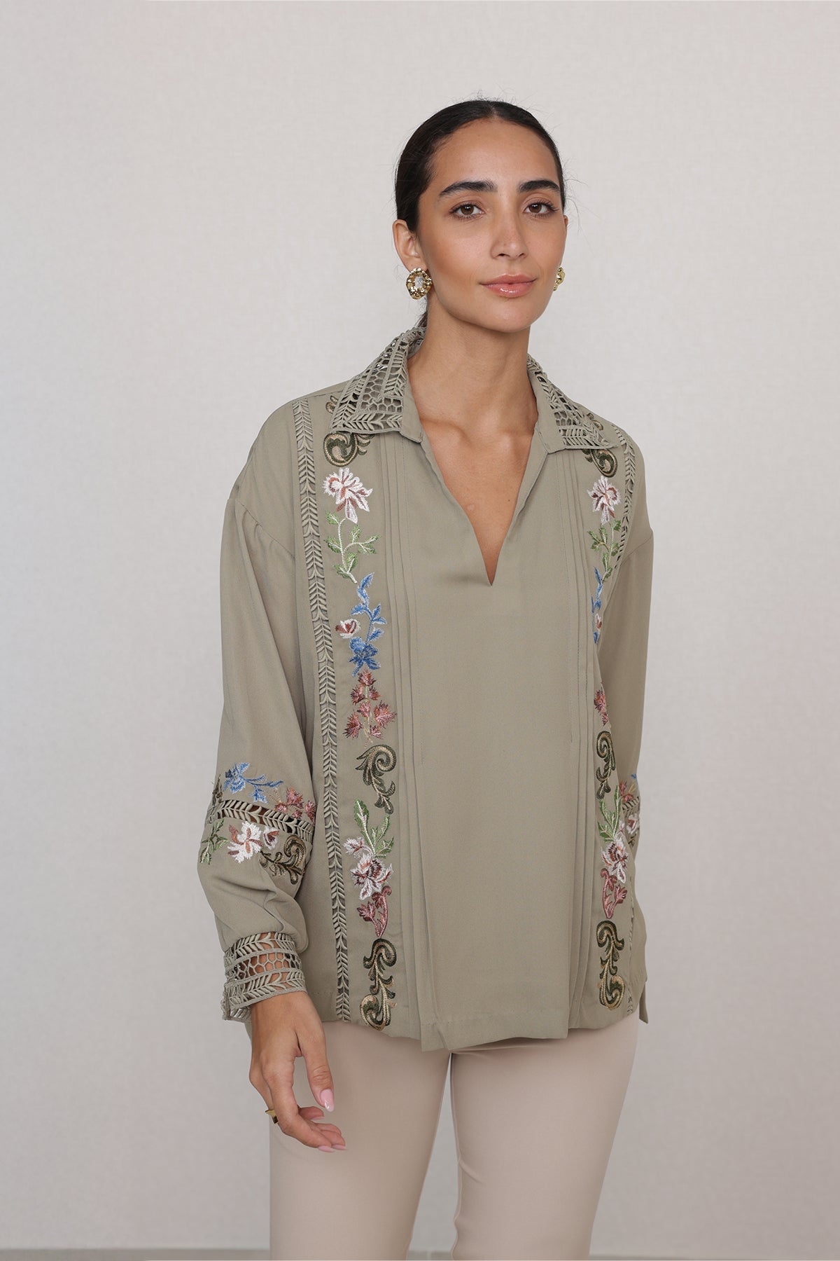 Ranna Gill Vinara Blouse in light olive georgette with embroidered vines and bishop sleeves.