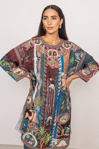 Ranna Gill Sunvale Tunic Set in poly crinkle with mosaic & palm prints.