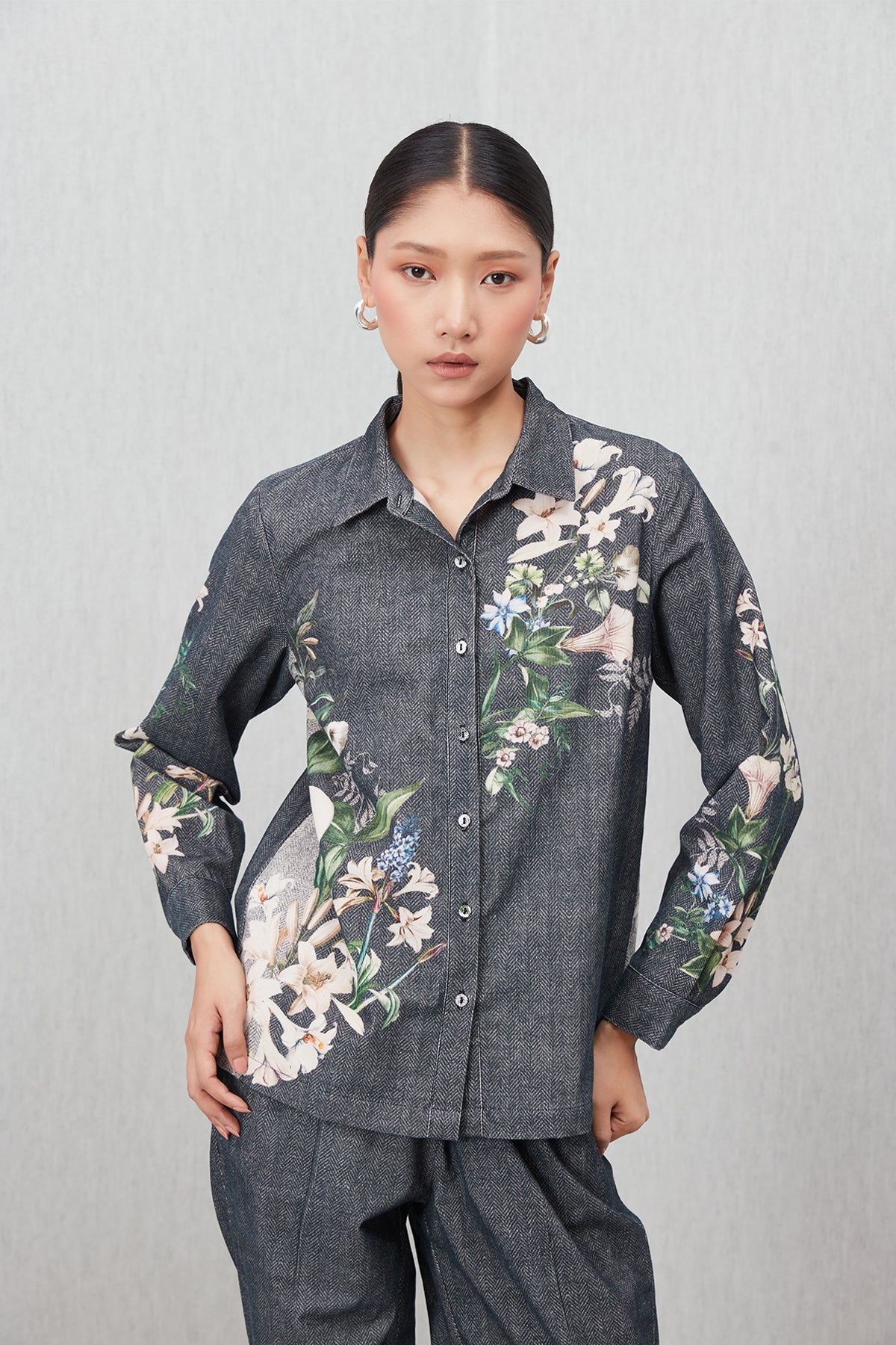 Ranna Gill Valorie Buttondown Shirt a dark gray shirt with floral patterns.
