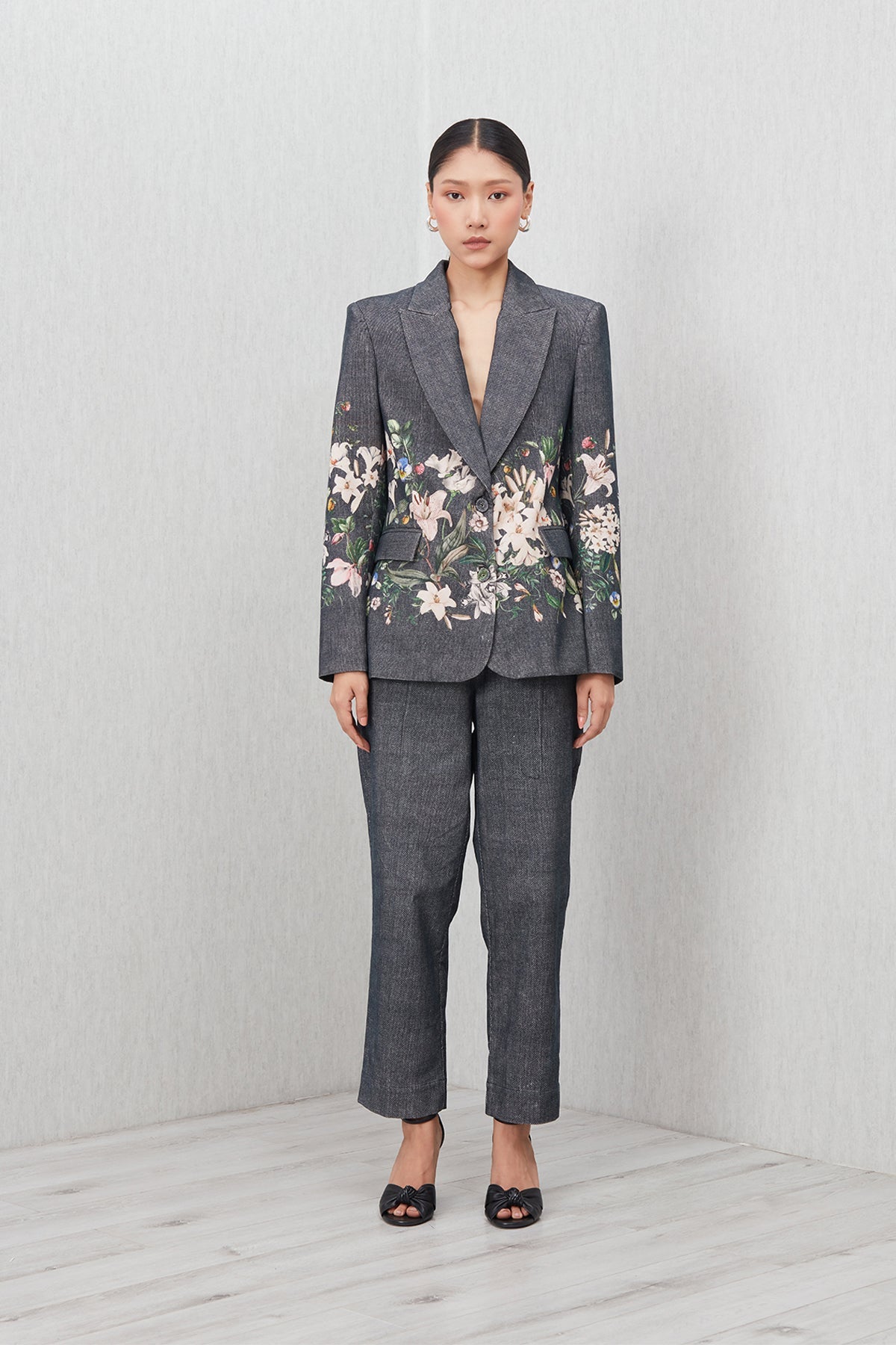 Ranna Gill Serah Jacket in grey corduroy with floral print and structured fit.