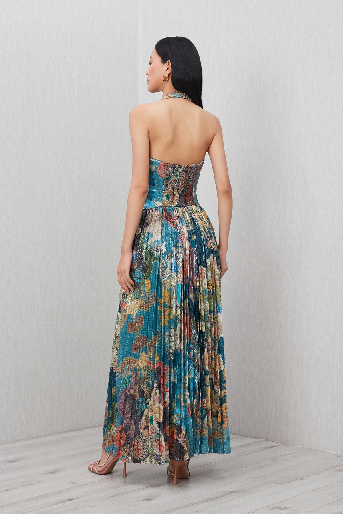 Ranna Gill Orlina Halter Neck Maxi Dress in multi-color sequin with Baroque print.