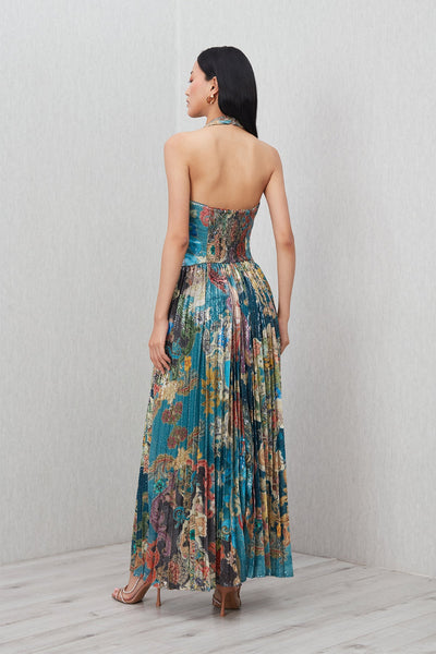 Ranna Gill Orlina Halter Neck Maxi Dress in multi-color sequin with Baroque print.