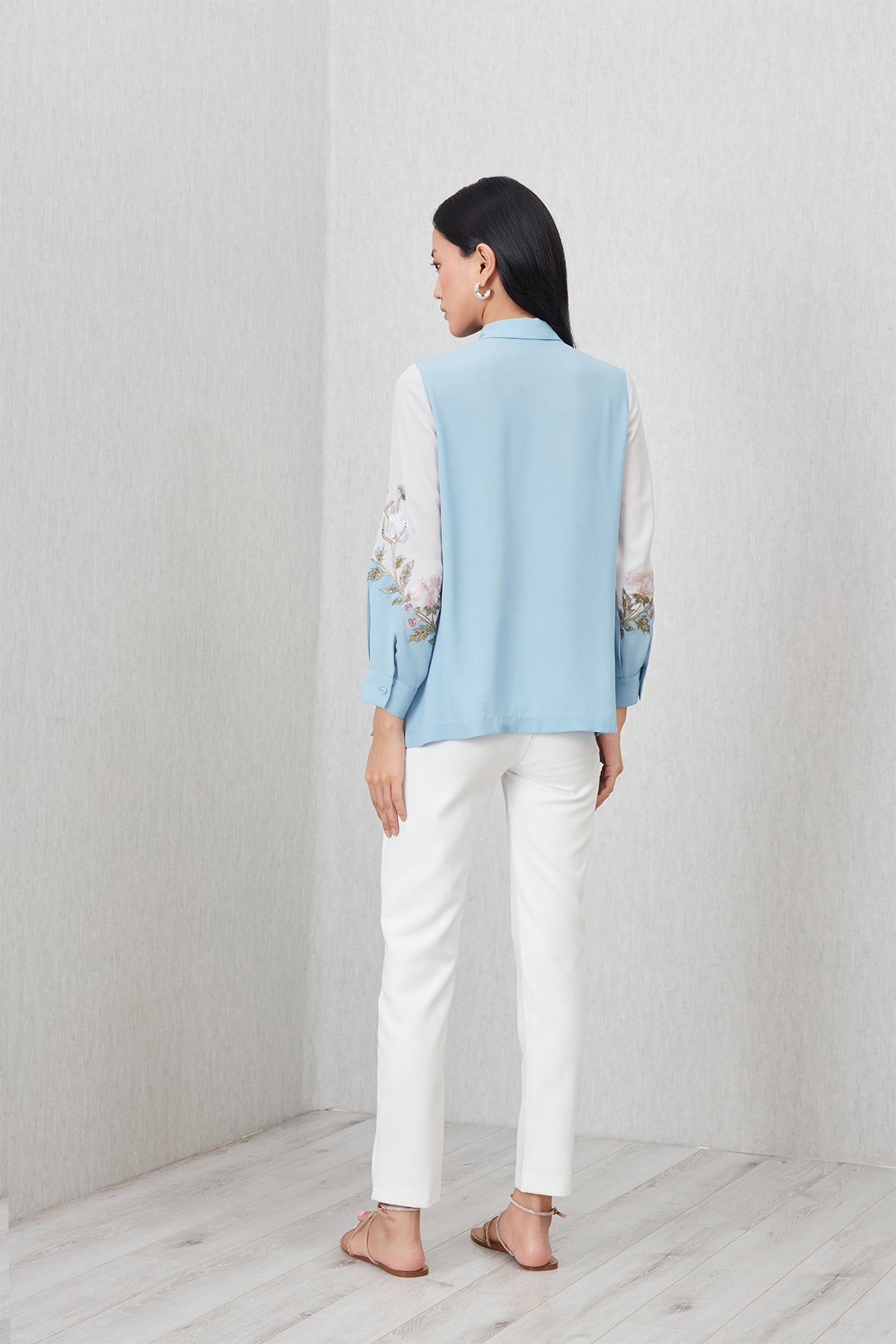 Ranna Gill Florensa Blouse in blue-grey georgette with floral embroidery, and band collar.