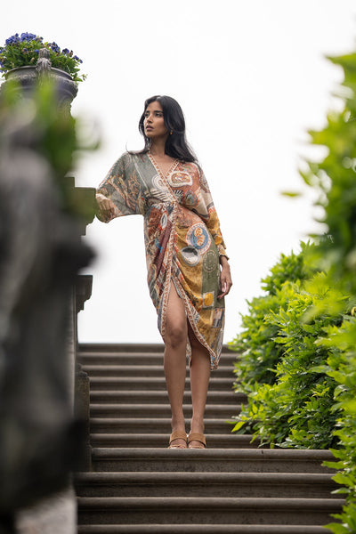 Nowra Kimono Wrap Dress by ranna gill in vibrant boho print, elegant midi length.