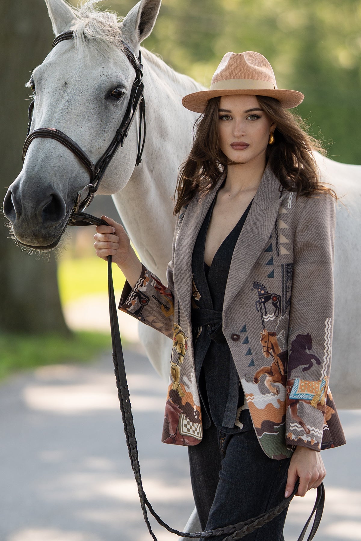 Ranna Gill Clyde Jacket in multicolour crepe with Irish Horse print and notched lapel.