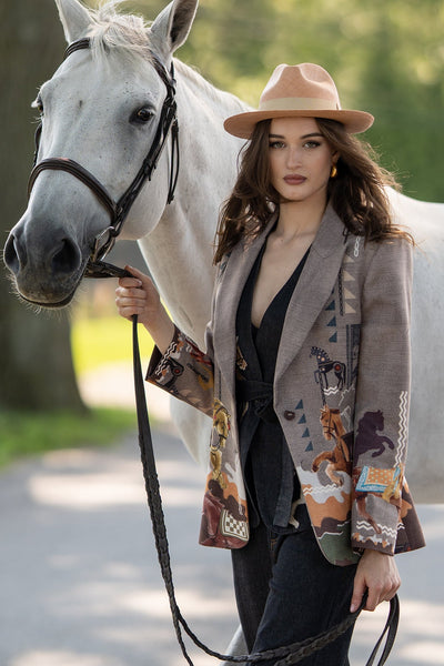 Ranna Gill Clyde Jacket in multicolour crepe with Irish Horse print and notched lapel.