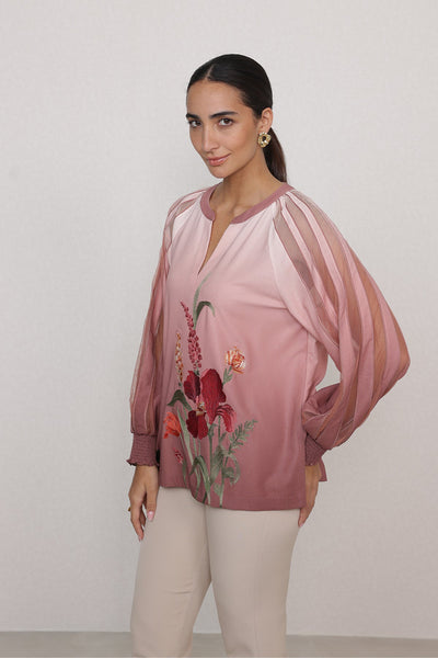 Ranna Gill Olivi Blouse in blush rose floral with sheer sleeves.