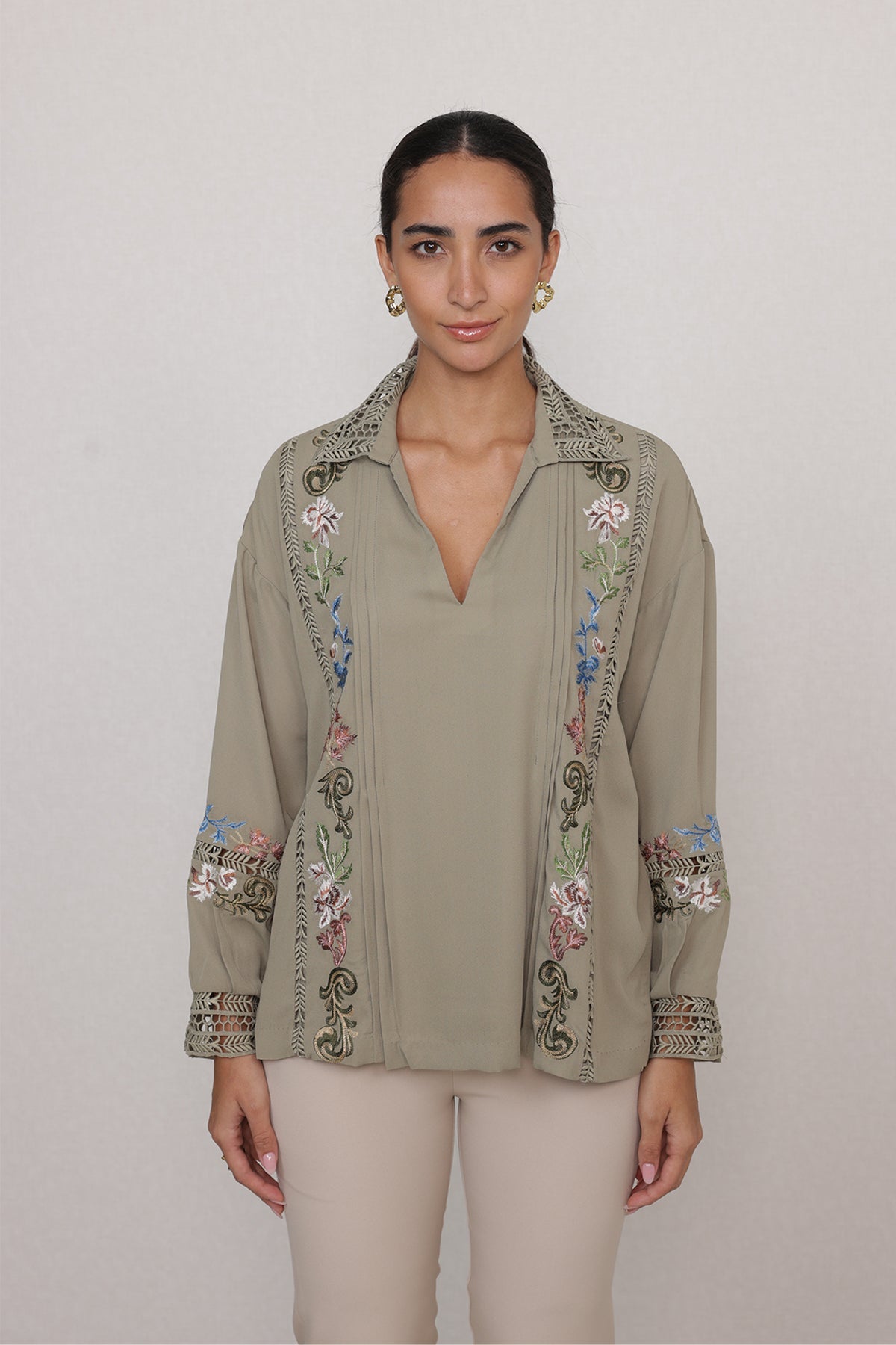 Ranna Gill Vinara Blouse in light olive georgette with embroidered vines and bishop sleeves.