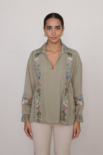 Ranna Gill Vinara Blouse in light olive georgette with embroidered vines and bishop sleeves.