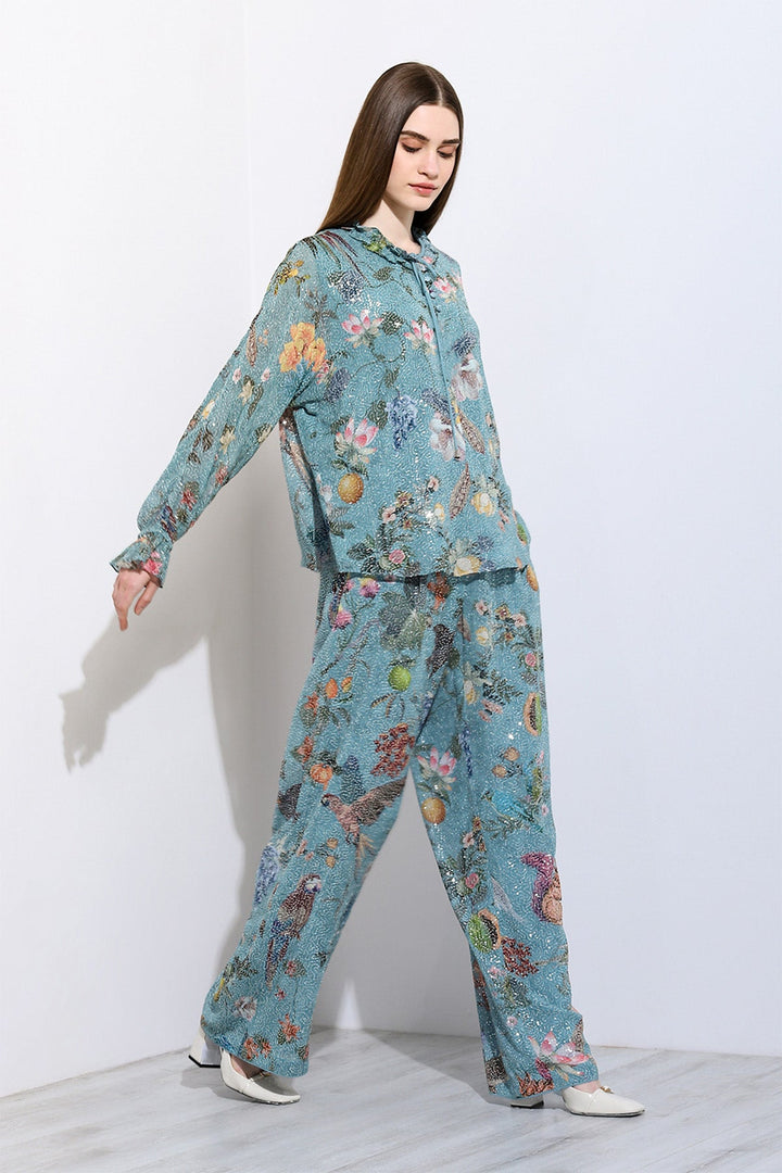 Ranna Gill Fiorella Dolman Co-ord Set in green Georgette.