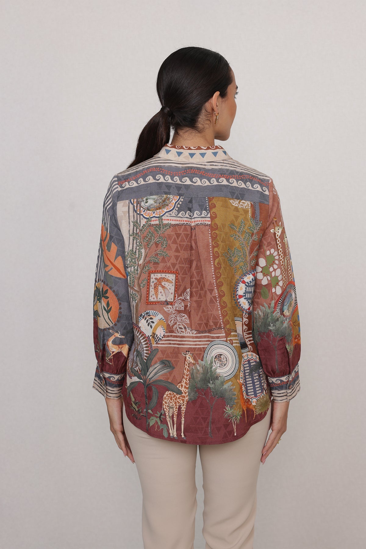 Ranna Gill Safari Mosaic Shirt in multi-color viscose linen with safari-inspired motifs.