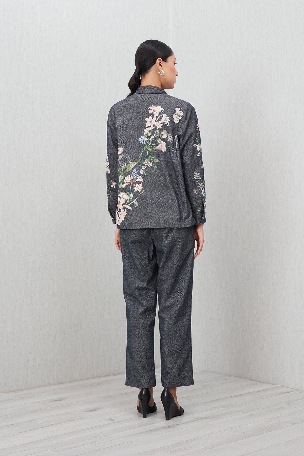 Ranna Gill Valorie Buttondown Shirt a dark gray shirt with floral patterns.