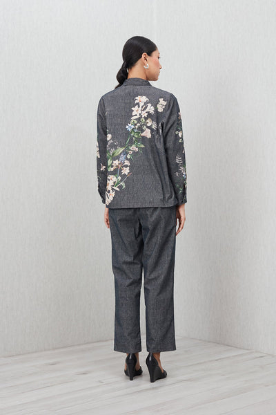 Ranna Gill Valorie Buttondown Shirt a dark gray shirt with floral patterns.
