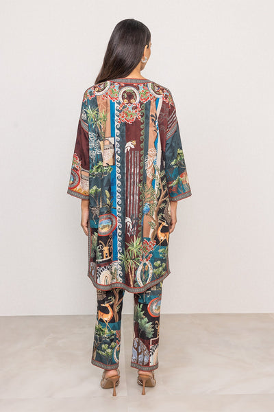 Ranna Gill Sunvale Tunic Set in poly crinkle with mosaic & palm prints.