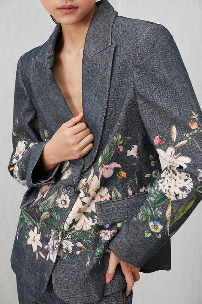 Ranna Gill Serah Jacket in grey corduroy with floral print and structured fit.