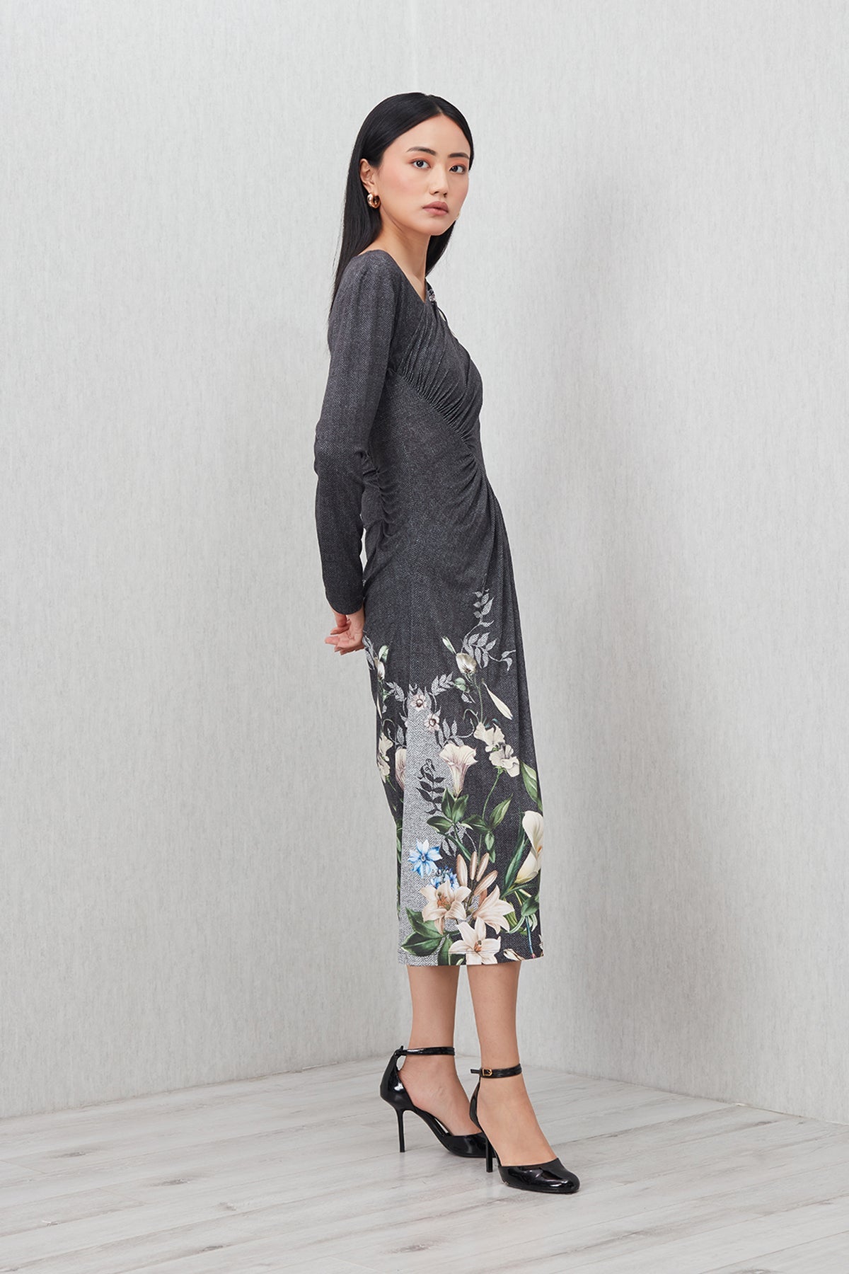 Callen Asymmetric Gathered Midi Dress