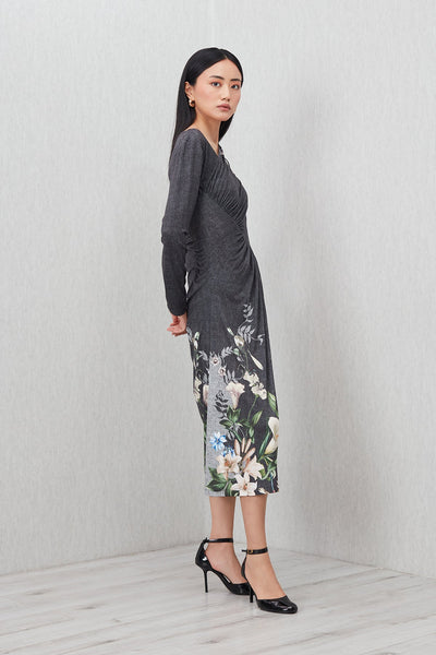 Callen Asymmetric Gathered Midi Dress
