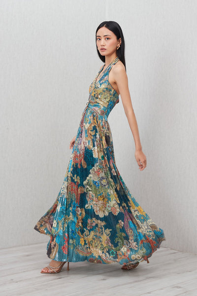 Ranna Gill Orlina Halter Neck Maxi Dress in multi-color sequin with Baroque print.