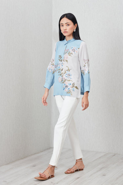 Ranna Gill Florensa Blouse in blue-grey georgette with floral embroidery, and band collar.