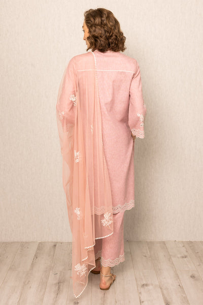 Ranna Gill pink tunic set with white floral embroidery, paired with matching pants and a sheer dupatta 