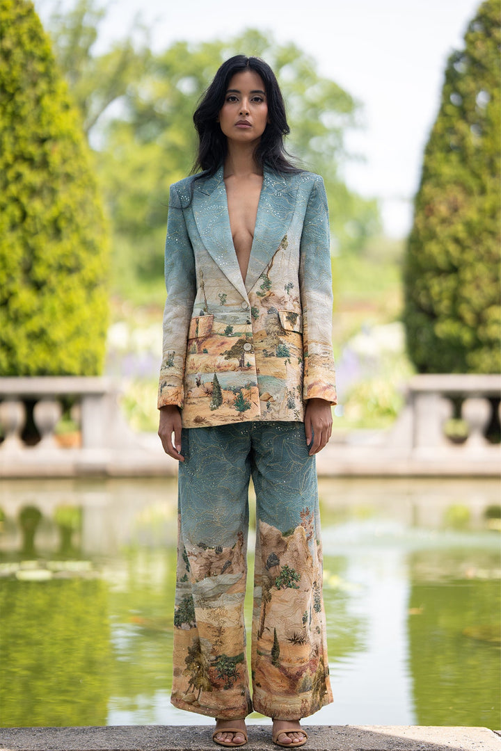 Ranna Gill Parma Teal Wide Leg Pants in Georgette with gold embroidery