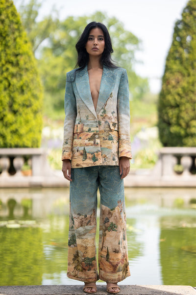 Ranna Gill Parma Teal Wide Leg Pants in Georgette with gold embroidery