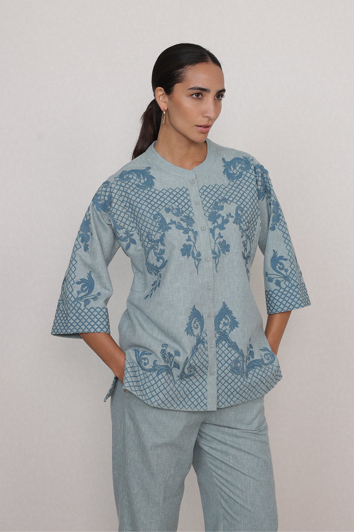 Ranna Gill Sovana Co-Ord Set in Blue Poly Flex with floral print.