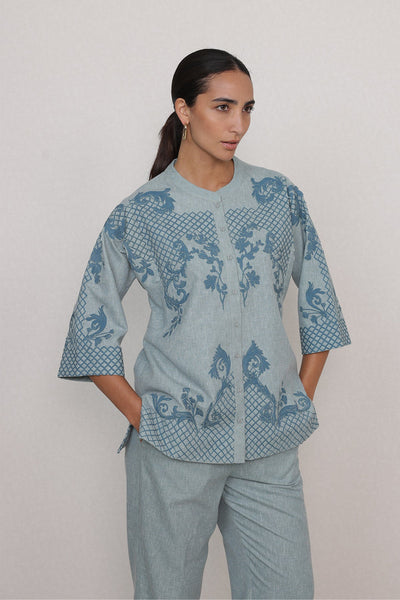 Ranna Gill Sovana Co-Ord Set in Blue Poly Flex with floral print.