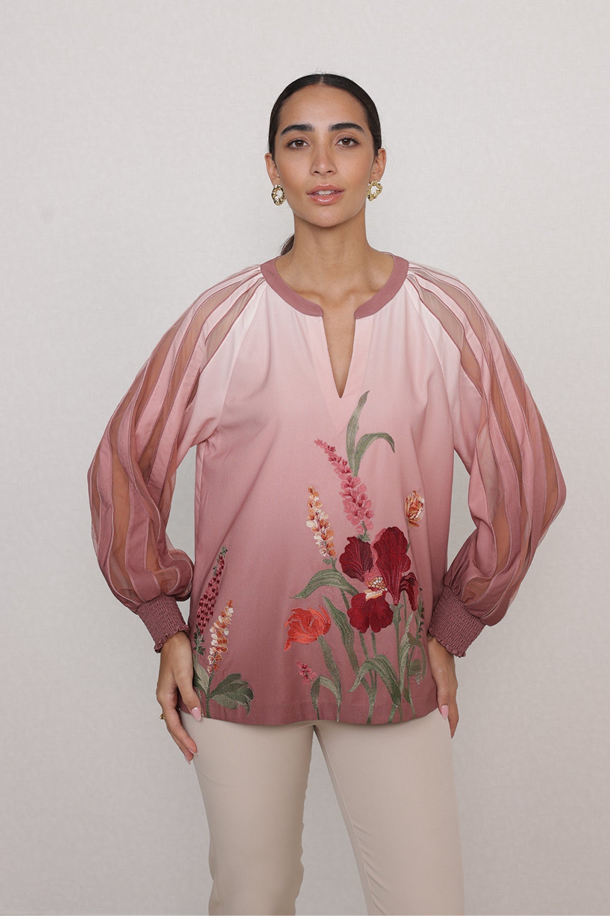 Ranna Gill Olivi Blouse in blush rose floral print with Bishop sleeves.