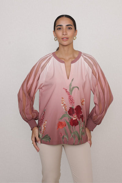 Ranna Gill Olivi Blouse in blush rose floral print with Bishop sleeves.