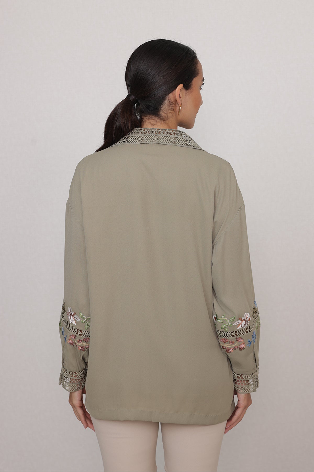 Ranna Gill Vinara Blouse in light olive georgette with embroidered vines and bishop sleeves.