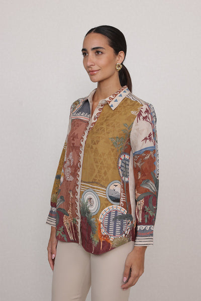 Ranna Gill Safari Mosaic Shirt in multi-color viscose linen with safari-inspired motifs.