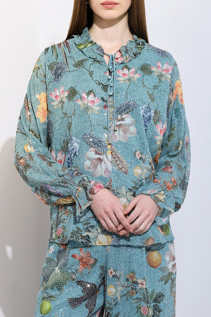 Ranna Gill Fiorella Dolman Co-ord Set in green Georgette.