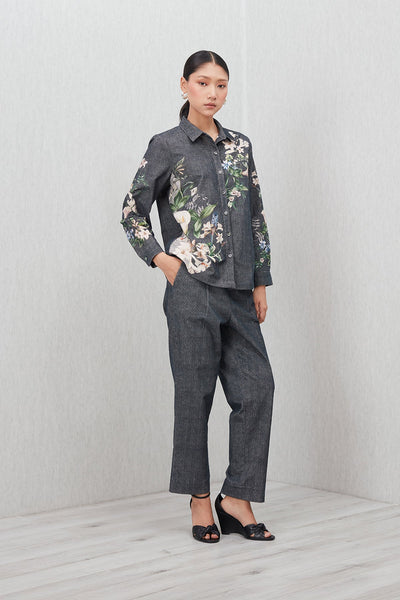 Ranna Gill Valorie Buttondown Shirt a dark gray shirt with floral patterns.