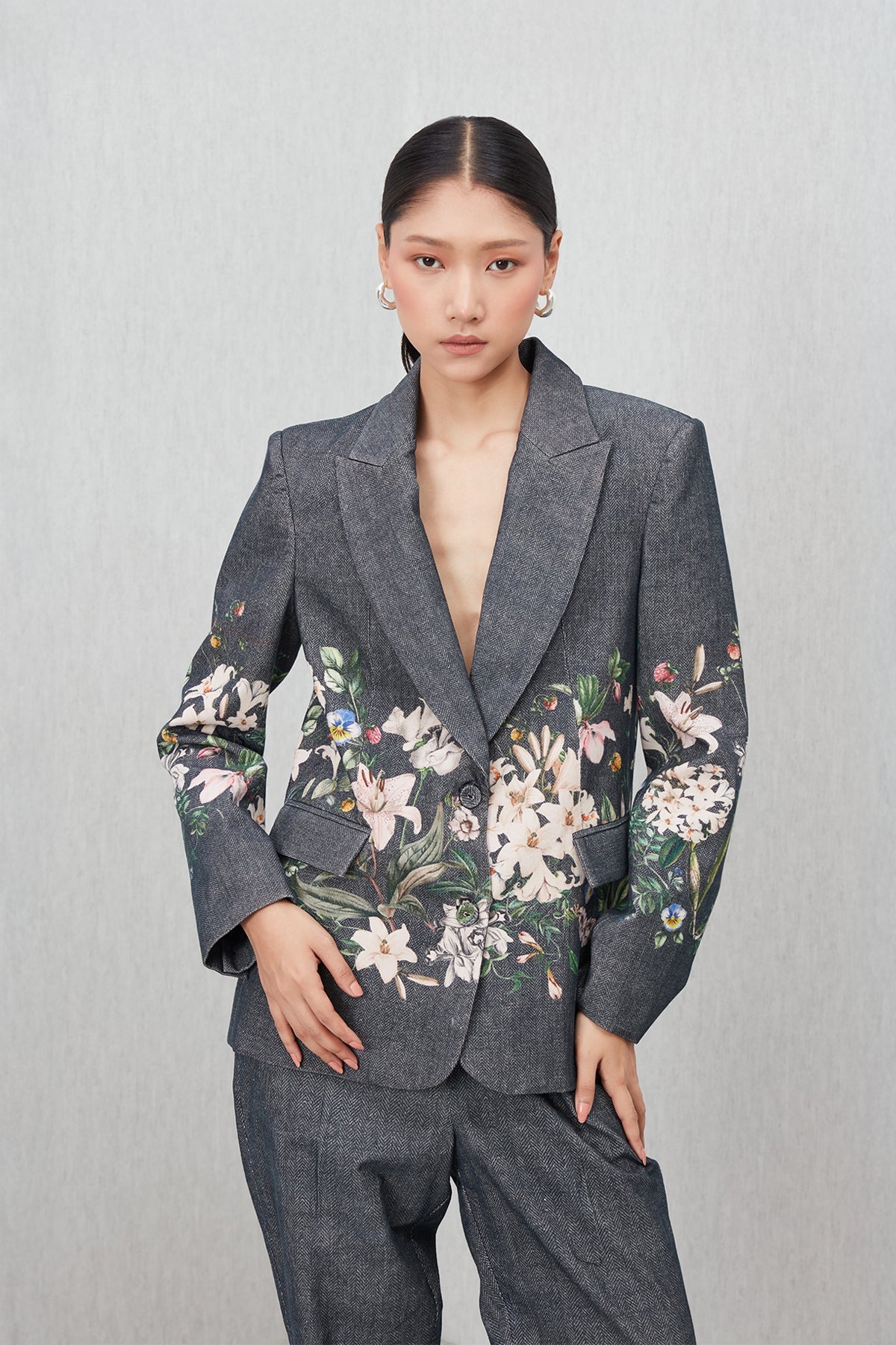 Ranna Gill Serah Jacket in grey corduroy with floral print and structured fit.